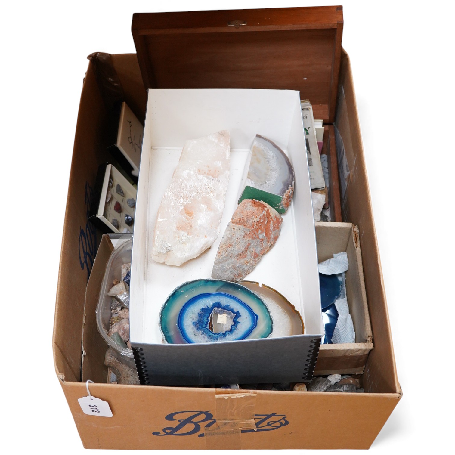 A collection of geological mineral specimens and fossils, including large quartz specimens, prepared cross-sections, fossilised tree sample, crystal formations, etc.